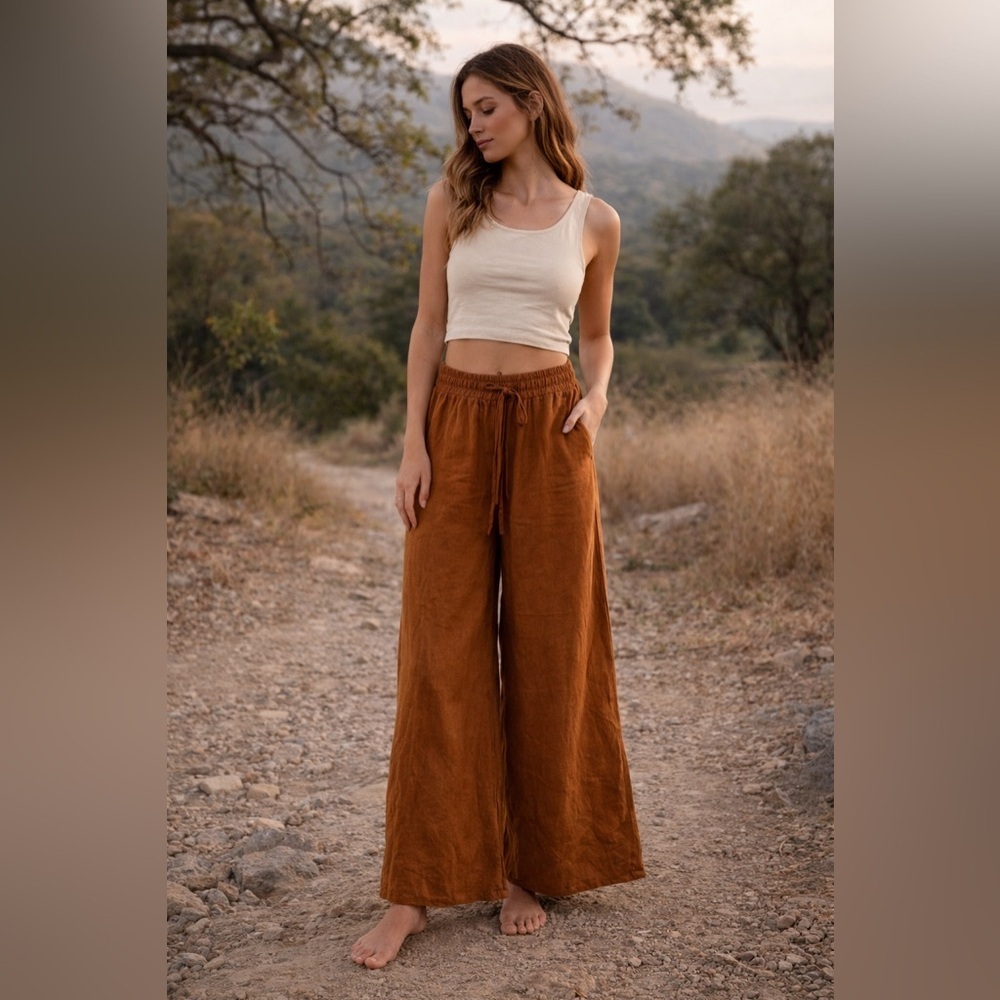 Jillian Boustred 100% Linen Wide Leg Pants M Earth Tone